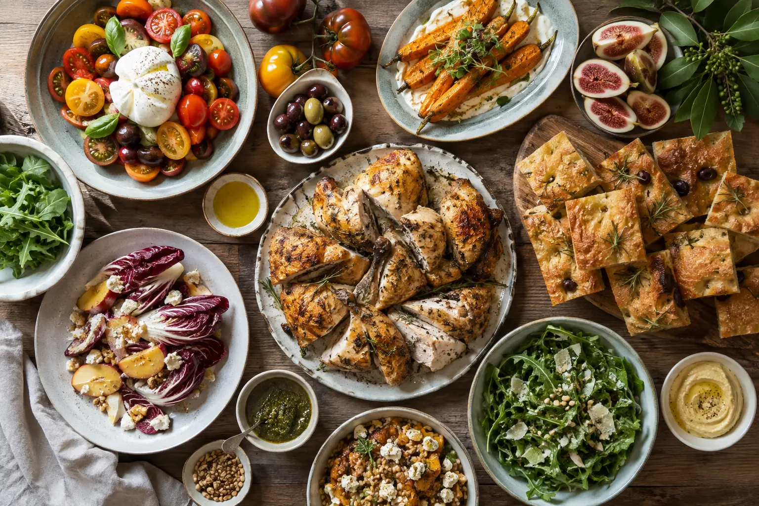 A generous table of seasonal salads, roast chicken, bread and vegetables