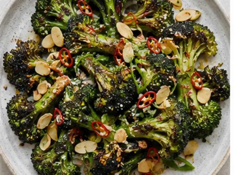 Charred broccoli, almonds and chilli
