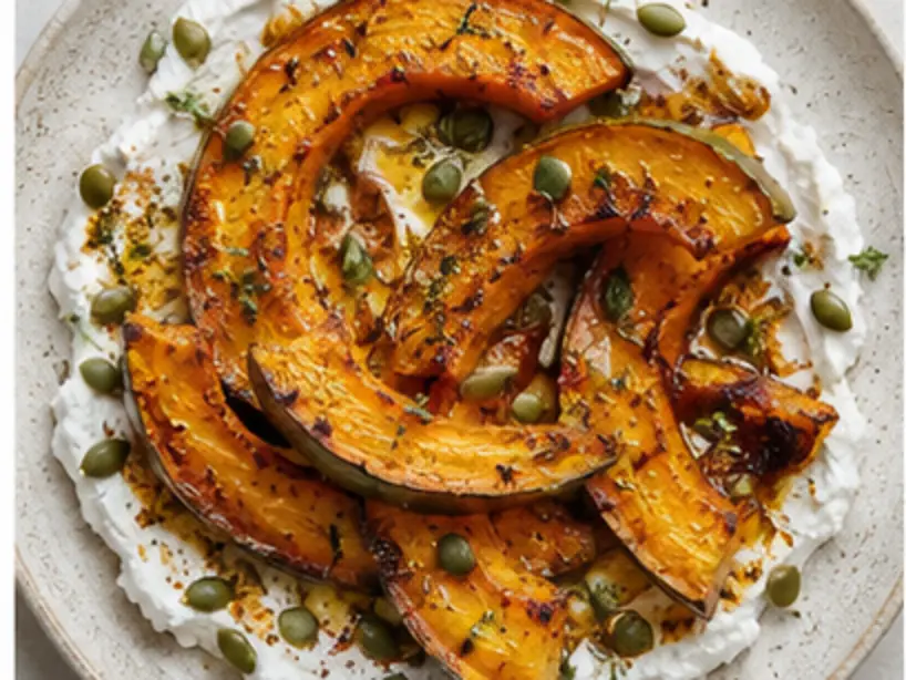 Roast squash, whipped feta and seeds