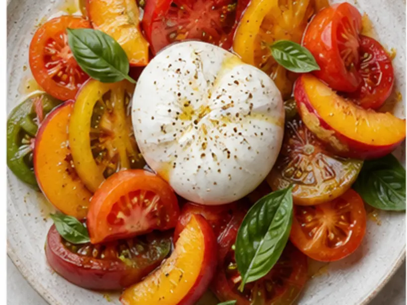 Heritage tomato, peach and burrata